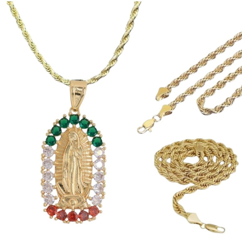 14K Gold Plated Virgin of Guadalupe Pendant Cubic Zirconia Rope Torch Chain